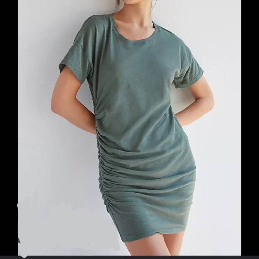 Sundry Sage Green Ruched-Side Short Sleeve Mini Dress